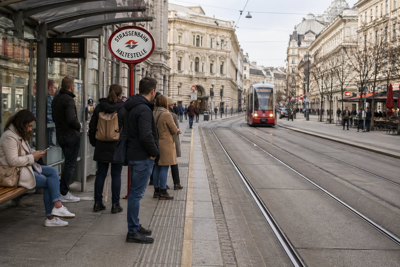 Straßenbahnhaltestelle in Wien als Orientierung bei der Anreise mit öffentlichen Verkehrsmitteln