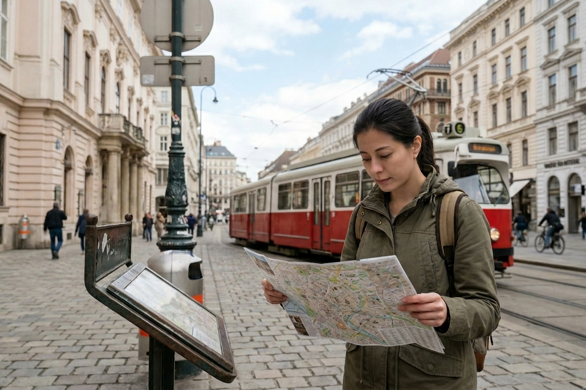 Tourist orientiert sich mit Straßenkarte in Wien